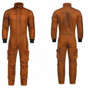 May include: A full-length jumpsuit in a distressed brown finish, featuring a high collar with a front zip, long sleeves with black ribbed cuffs, and multiple cargo-style pockets on the thighs. The garment is shown from both front and back views.