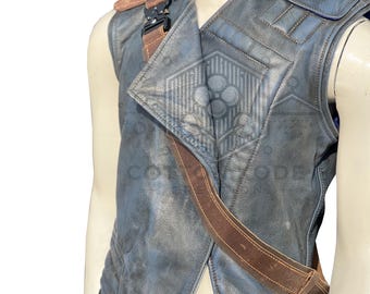 May include: A blue leather vest with a brown leather strap and buckle. The vest has a collar and is sleeveless.