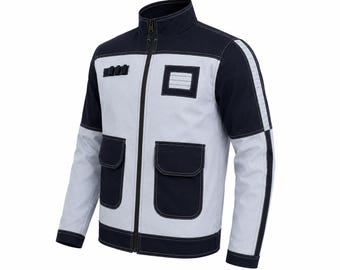 May include: A navy blue and light gray jacket featuring a full-length front zipper, a stand-up collar, and two large flap pockets on the front. The design includes a small rectangular patch on the chest, four small loops, and striped detailing.