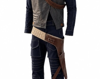 May include: A dark navy blue long-sleeved shirt and matching trousers set featuring a distressed brown leather-look vest with a diagonal strap. The outfit includes a beige and brown utility belt with a holster and metallic accents on the vest.