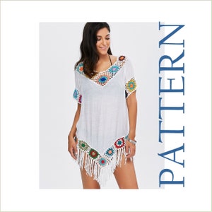 Crochet beach cover up pattern Granny square V neck Plus size Upcycled tunic for women any size