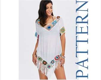 Granny Square Crochet Beach Cover Up Pattern: V-Neck Plus Size Tunic (PDF Pattern)