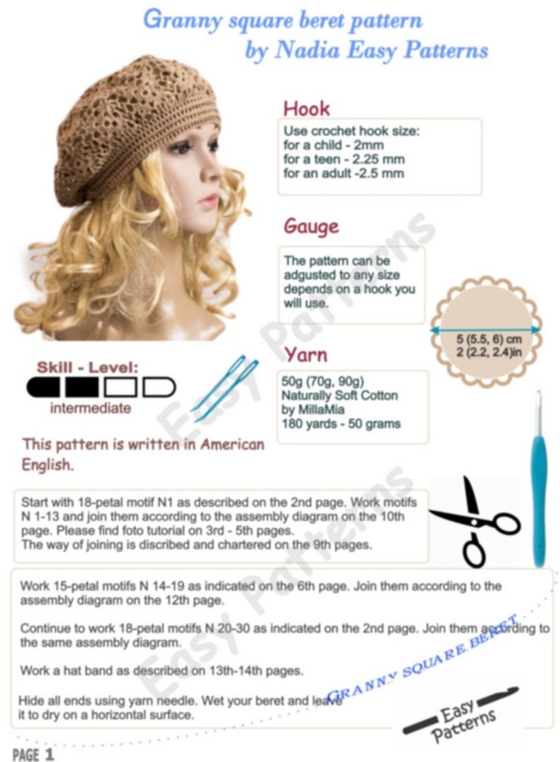 Granny square hat Crochet summer beret pattern image 5