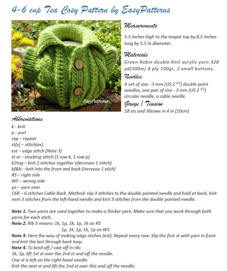 Jacket tea cozy with a pocket pattern, suitable for 4-6 cup pots about 1 liter volume. Six pages of detailed step-by-step instructions accompanied by pictures. Two small buttons added.