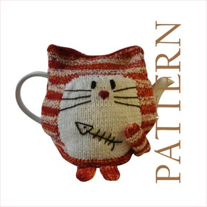 May include: A knitted orange and white cat teapot cosy with a fishbone in its mouth. The cosy has a white face with black eyes and whiskers.
