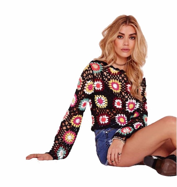 Crochet Top for Women Bell Sleeve Granny Square Top Pattern