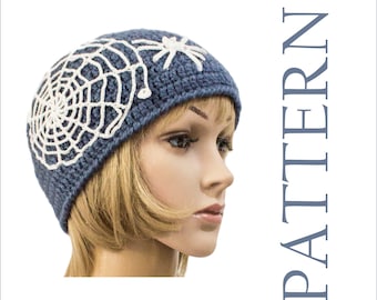 Halloween knit hat crochet pattern with spider net embellishment