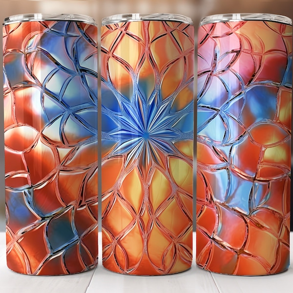 3D Orange Blue Carnival Glass 20 oz Skinny Tumbler Sublimation Design, Commercial Free Instant Digital Download, Straight and Tapered Wrap