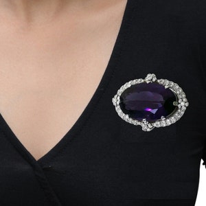 Antique Imperial Amethyst Diamond Brooch 925 Sterling Silver Vintage Oval-Cut CZ Buy Now CIRCA 1890 Flower Milgrain Set Royal Replica Brooch