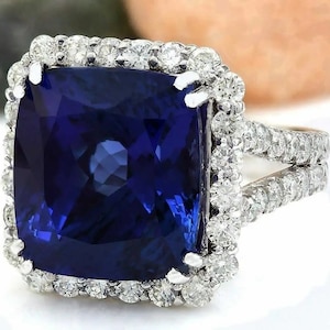 Lab Blue Sapphire Cushion Cut Ring With Bright CZ Halo Women Ring, 925 Sterling Silver Handmade Jewelry, Dazzling Collection Party Wear Ring