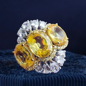Yellow Citrine Three Stone Ring For Women 925 Sterling Silver Oval Cut Check Out Handmade Royal Party Wear Cubic Zirconia, Statement Ring