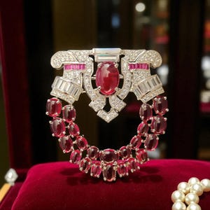 Può includere: Spilla color argento con un rubino ovale centrale e una ghirlanda di rubini più piccoli. La spilla presenta un design geometrico con pietre chiare e scintillanti e accenti di rubino.