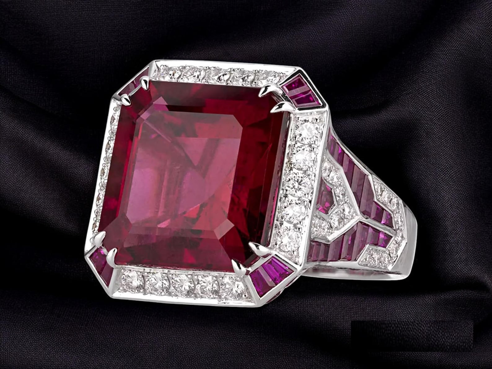 Lab Ruby Asscher Cut Sterling Silver Cocktail Ring, Edwardian Style ...