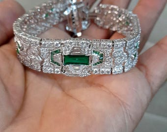 Art Deco Emerald Bracelet 925 Sterling Silver, Handmade Green French Cut Princess Royal Party Wear Jewelry, Accent Cubic Zirconia