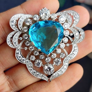Heart Shape Aquamarine & Diamond Brooch 925 Sterling Silver Party Wear Brooch, Vintage Style CZ Jewelry, Antique Art Deco Wedding Brooch