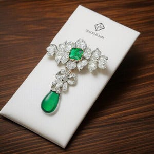 Victorian Style Brooch For Women Green Cushion-Cut Emerald Flower Brooch 925 Sterling Silver Tear Drop CZ Jewelry, Ribbon/Bow Design Brooch