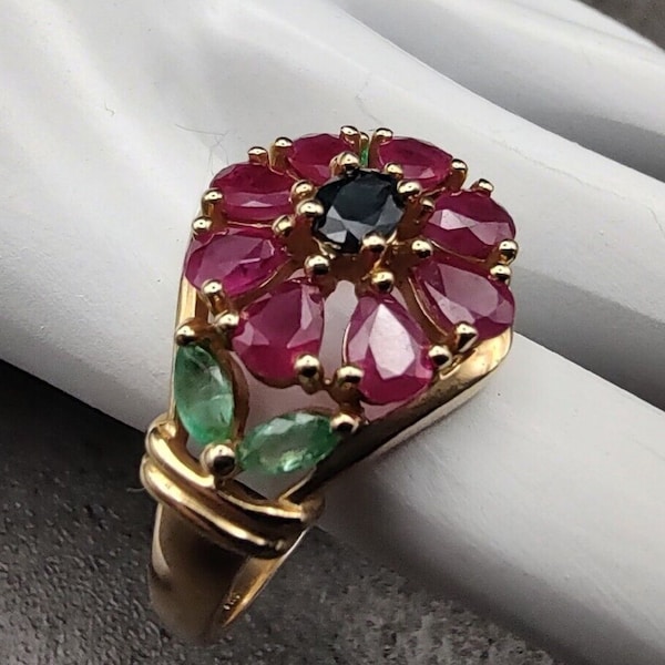 14K Yellow Gold Ruby, Onyx, Emerald, Flower Design Ring, Diamond Cluster Ring, 925 Silver Ring, Wedding Women Jewelry, Cocktail Ring