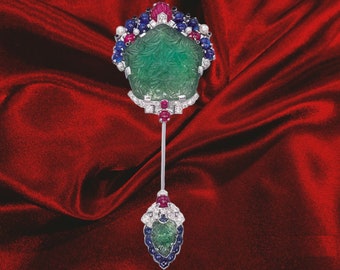 Lab Pink Sapphire Jabot Pin 925 Sterling Silver Art Deco