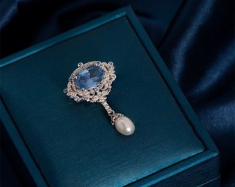 Vintage Pin Brooch For Women Aquamarine & Diamond Pearl Drop Jewel Shop 925 Sterling Silver CZ Handmade Dangling Brooch | Jovaa Jewelry