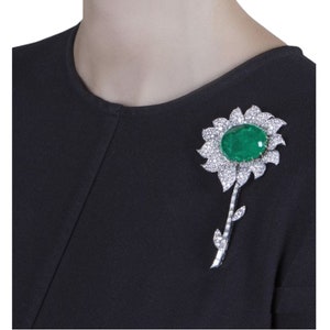 Flower Pin Brooch For Women/Men 925 Sterling Silver, Emerald Cabochon Cut Simulated White Diamond Buy Now Handmade Wedding Wear Brooch