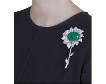 Flower Pin Brooch For Women/Men 925 Sterling Silver, Emerald Cabochon Cut Simulated White Diamond Buy Now Handmade Wedding Wear Brooch