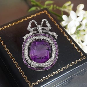 Huge Cushion Cut Amethyst Brooch, Victorian Style 925 Sterling Silver Bow Ribbon Brooch Pin, Round Cut CZ Stone Vintage Style Woman Jewelry