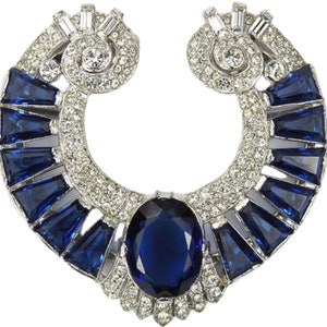 Sapphire Shield Swirl Dress Clip 925 Silver Wedding Brooch Tapered & Round Pave Diamond Brooch Vintage Art Deco Brooch, Fine Jewelry