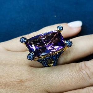 Statement Ring For Women 925 Sterling Silver Purple Cushion-Cut Jewelry Yellow Gold Plated Royal Party Wear CZ Ring Blue Sapphire Studded