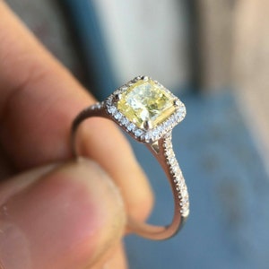 2.40 TCW Canary Yellow Radiant and Round Colorless Moissanite Halo Engagement Ring, Prong Set Wedding Ring, Anniversary Gifts For Her