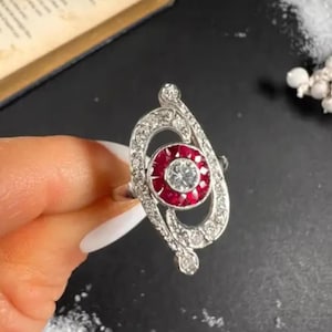20th Century-Circa 1920’s Ruby & Diamond Engagement Ring For Women, 925 Sterling Silver Art Deco Ring, Antique Ring, Christmas Gift For Her