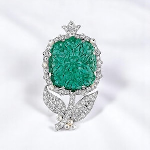 Carved Green Emerald & Diamond Brooch, 925 Sterling Silver Men-Women&#39;s Brooch Pin, Handmade Flower Leaf Wedding jewellery CZ | Jovaa Jewels