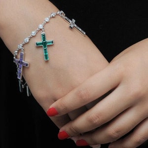 Wallis Simpson Cross Charm Bracelet For Her 925 Sterling Silver High Jewelry Colorful Gemstone Dangling Cross Bracelet, Christmas Gift