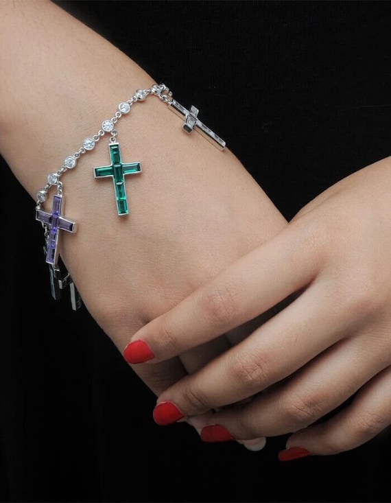 Wallis Simpson Cross Charm Bracelet for Her, 925 Sterling Silver