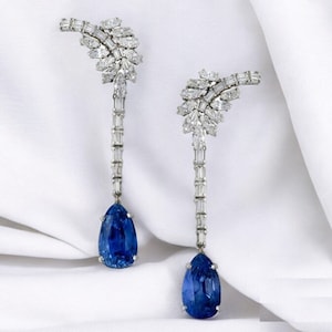 Blue Sapphire Long Earrings, Leaf Design Dangle Drop Earrings For Women 925 Sterling Silver, Pear Cut Sapphire Engagement Wedding Jewelry CZ