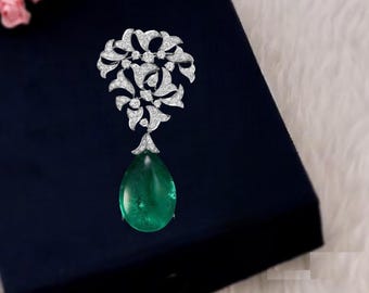 Victorian Style Sterling Silver Emerald Brooch with Cubic Zirconia, Party Wear, Handmade Jewelry