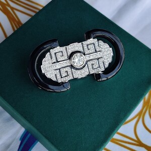 Unique Art Deco Brooch, Black Onyx & Diamond CZ Pin for Men/Women 925 Sterling Silver, Wedding Brooch, Party Wear Brooch | Jovaa Jewels