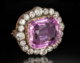 Spilla vittoriana con topazio rosa e diamanti in argento sterling 925, spilla allungata con zirconi a taglio cuscino, regalo di compleanno, anniversario o per amore.