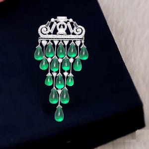 Art Deco Brooch Pin For Women/Men Green Emerald Drop Tassel Shop Now 925 Sterling Silver Exclusive Highend CZ Jewelry, Drop Dangle Brooch