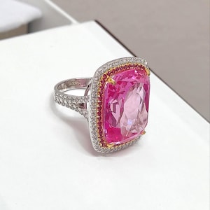 Stunning Huge Pink Tourmaline Ring, White CZ Halo Beautiful Women Wedding Ring, 925 Sterling Silver, Anniversary, Christmas Gift For Her