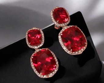 Lab Ruby Cushion Cut Dangle Earrings, 925 Sterling Silver, Crimson Red Gemstone Halo Drop Earrings, Anniversary Gift for Her, Gift for Mom