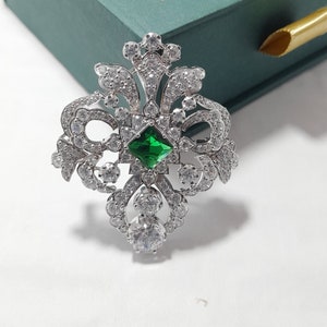 エメラルド プリンセス カット ペンダント & ブローチ、ヴィンテージ スタイル ツーインワン ジュエリー、925 スターリング シルバー CZ ダイヤモンド ブローチ ペンダント ビクトリア朝ジュエリー