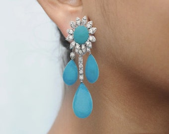 Turquoise Dangle Drop Earrings For Women, 925 Sterling Silver, Chandelier Turquoise Earrings, Handmade CZ Royal Party Wear Cocktail Earring