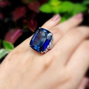 Statement Ring For Women 925 Sterling Silver Blue Sapphire Cocktail Ring Handmade Party Wear Jewelry Big Cushion Cut CZ Diamond Ring