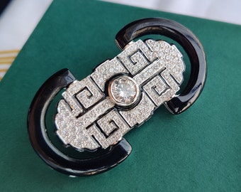 アールデコ調オニキスブローチ：スターリングシルバーのバーピン