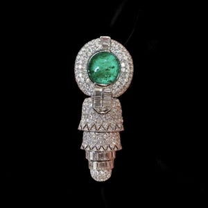 Art Deco Cabochon Emerald Brooch in 925 Sterling Silver CZ, Wedding Anniversary Gift, Handmade High Statement Jewelry For Men/Women