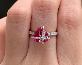 2Ct Heart Cut Roter Rubin Ring, 925 Sterling Silber Ribbon Knot Design CZ Verlobungsring, Valentinstag Geschenk, Jahrestag Geschenk, Geschenk für Sie