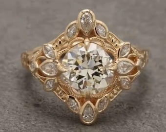 Art Deco Filigree Ring, Vintage Style Engraved Round Moissanite Engagement Ring, Mother's Day Gift