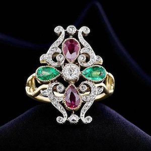 Green & Red Pear Cut Ring, 925 Sterling Silver Anniversary Ring For Women Yellow Gold Finish, Emerald-Ruby Vintage Style Ring, Gift For Her