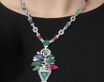 Colar em Prata de Lei 925 com Design de Buquê de Flores, Esmeralda, Rubi, Safira e Diamante, Colar de Casamento Feminino, Joia de Luxo Feita à Mão
