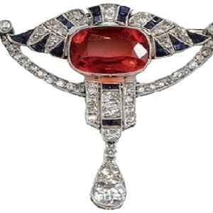 Art Deco Edwardian Brooch For Men/Women's, Red Fire Opal & CZ Diamond Brooch, Blue Sapphire Wedding Brooch, 1920s the Century Dangle Brooch